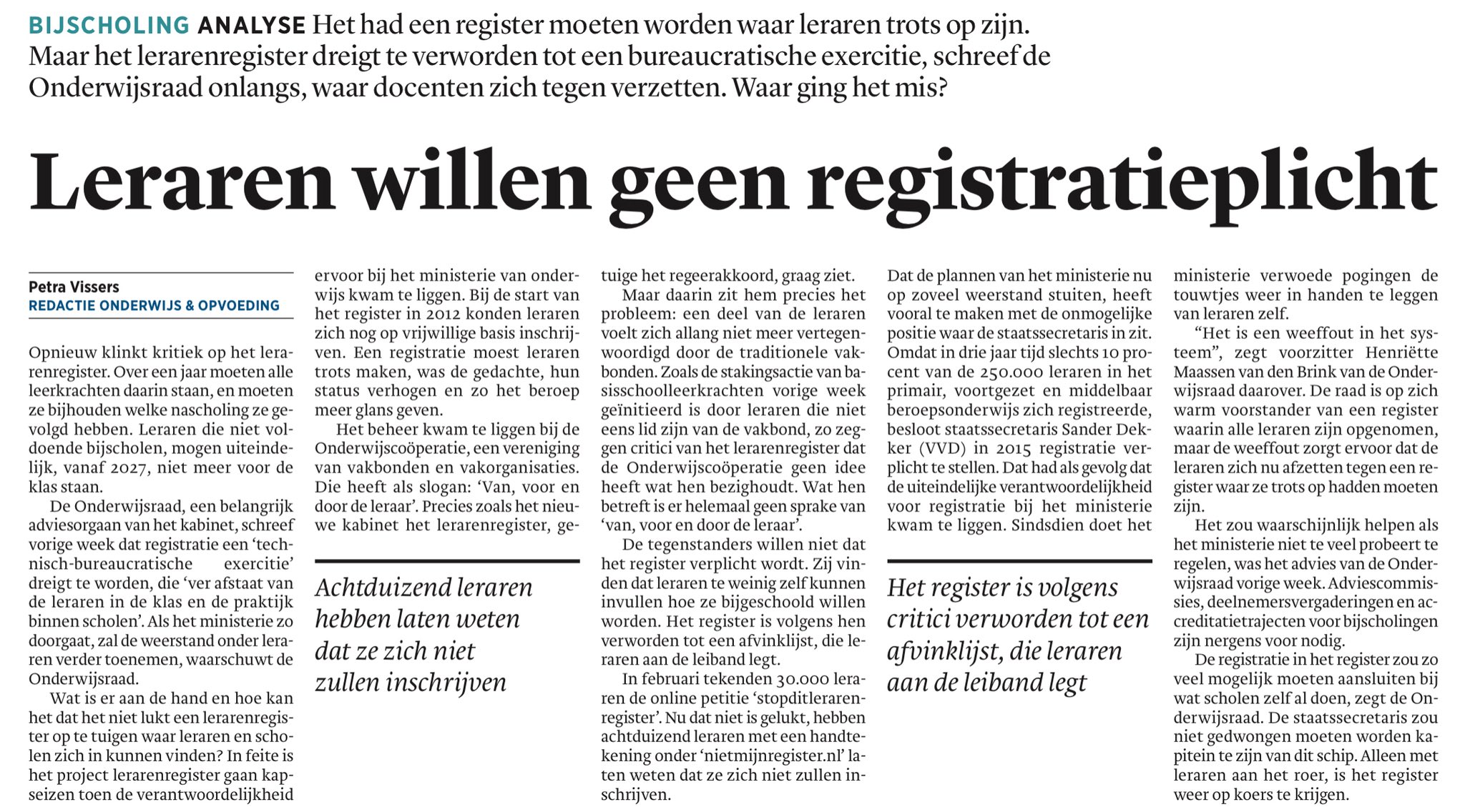 Leraren willen geen registratieplicht