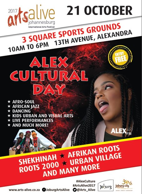 ArtsAliveJoburg's tweet photo. Sat Oct 21 choose #AlexCulturalDay w/ @shekhinahd @Afrikanroots1 @UrbanVillageFam #Roots2000 & many more! FREE, 10am-6pm #ArtsAlive2017 https://t.co/2uTwfN5uIx