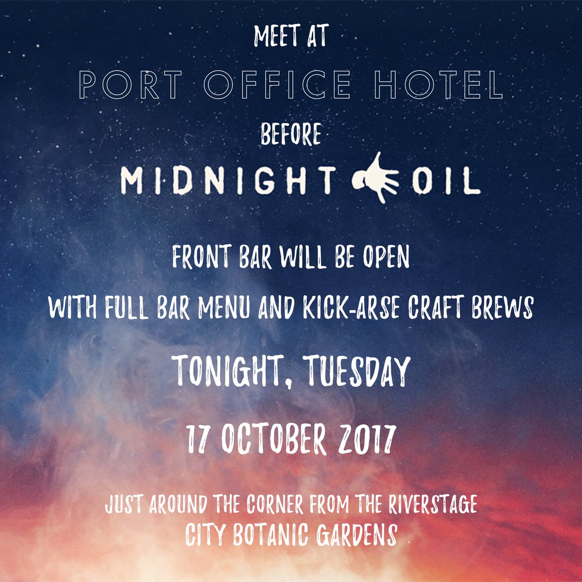 PortOfficeHotel's tweet photo. Meet up at #PortOfficeHotel before and after #MidnightOil for kick-arse #craftbrews that will keep you going hard. Bar menu until 9pm. https://t.co/6oLkKRk6m3
