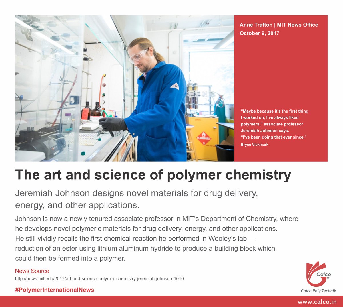 CalcoIndia's tweet photo. The Art and Science of Polymer Chemistry.
Jeremiah Johnson designs novel materials for drug delivery, energy, and other applications. https://t.co/gUOTtyj0B9