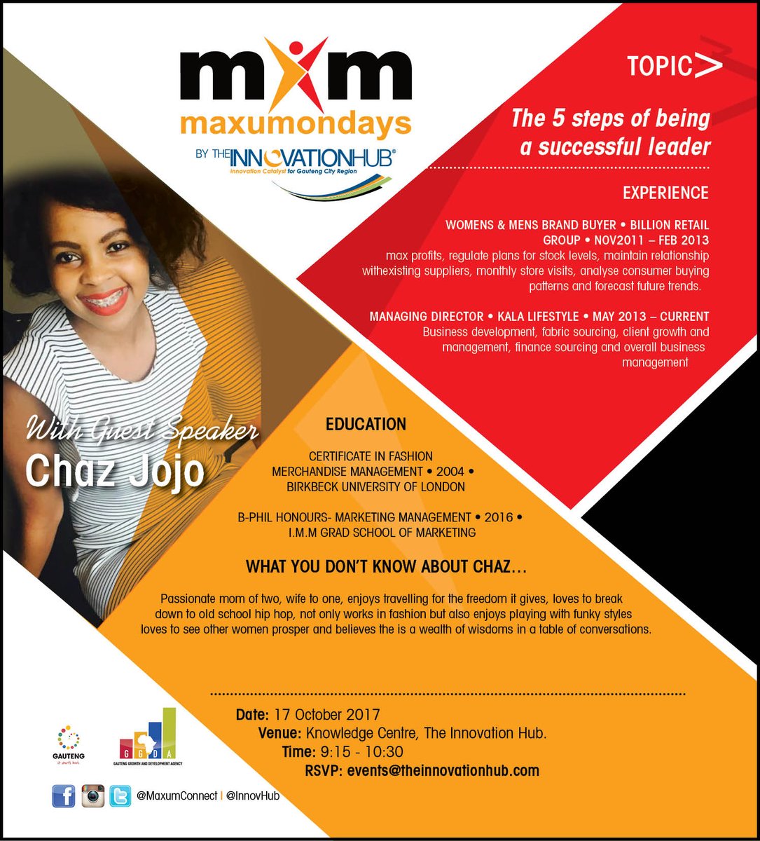 InnovHub's tweet photo. Catch Chaz Jojo on #MaxumMonday @InnovHub touching on "The 5 Steps of being a successful Leader. #TuesdayMotivation #Entrepreneurship https://t.co/tn5mwMYl9L
