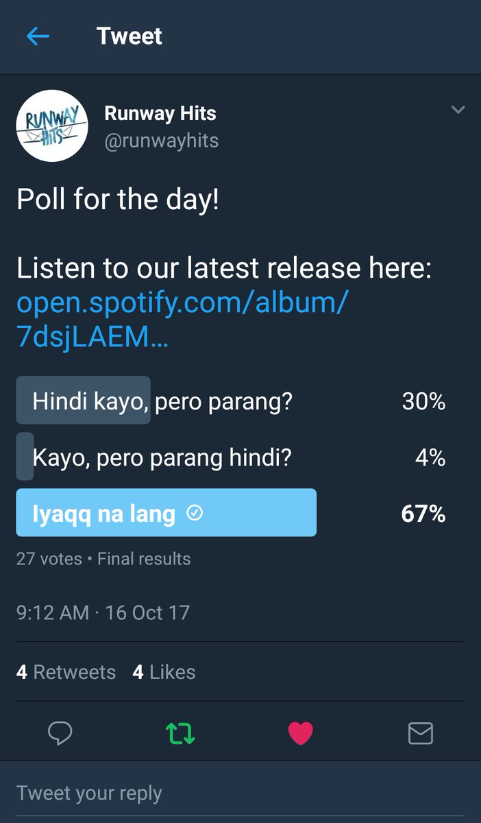 runwayhits's tweet photo. Yesterday's poll results. 😓😥 anuna

Stream our latest single here: https://t.co/E9zlOS58a4 https://t.co/GOU8S6eRsQ