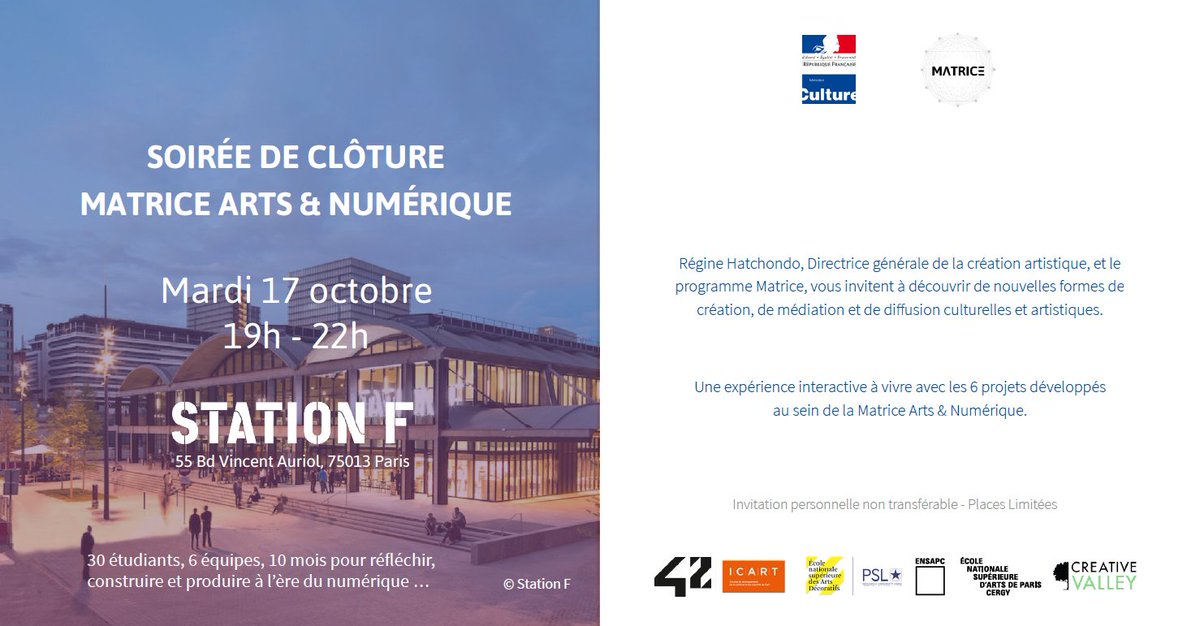 #startups : Ce soir, on fête <a href="/StationF/">Station F</a> la fin de la matrice <a href="/42born2code/">42 Paris</a> <a href="/Icart_Paris/">ICART Paris</a> <a href="/Ecole_ArtsDeco/">École des Arts Décoratifs, Paris</a> <a href="/creative_valley/">Creative Valley</a> <a href="/WebtagTeam/">Webtag</a> @ECunniet