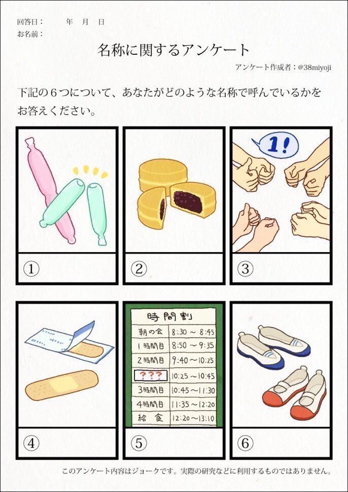 ①チューペット②みやこ焼き③指スマ④絆創膏⑤20分放課⑥上履き 