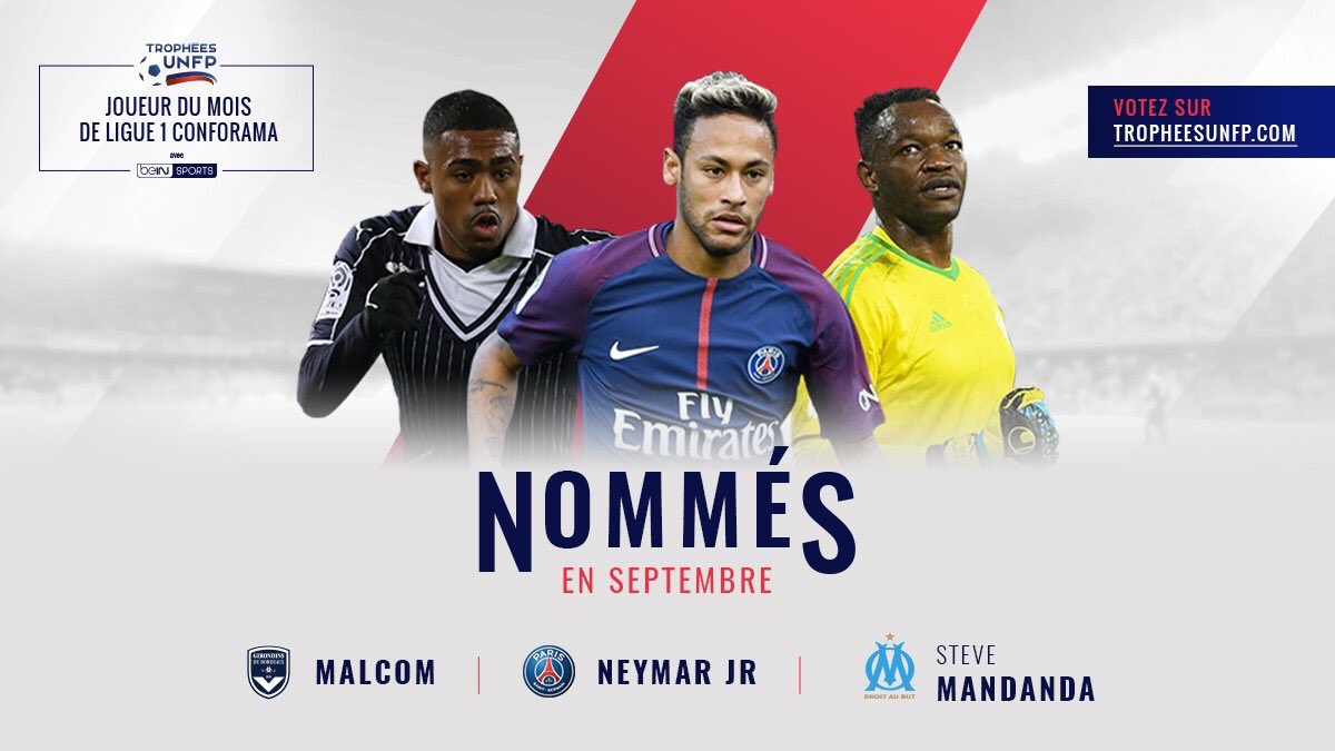 TourDuFootball's tweet photo. Les nommés pour le trophée UNFP de meilleur joueur du mois de septembre en Ligue 1 : 

• Malcom
• Neymar
• Mandanda https://t.co/RaQikJKWfV