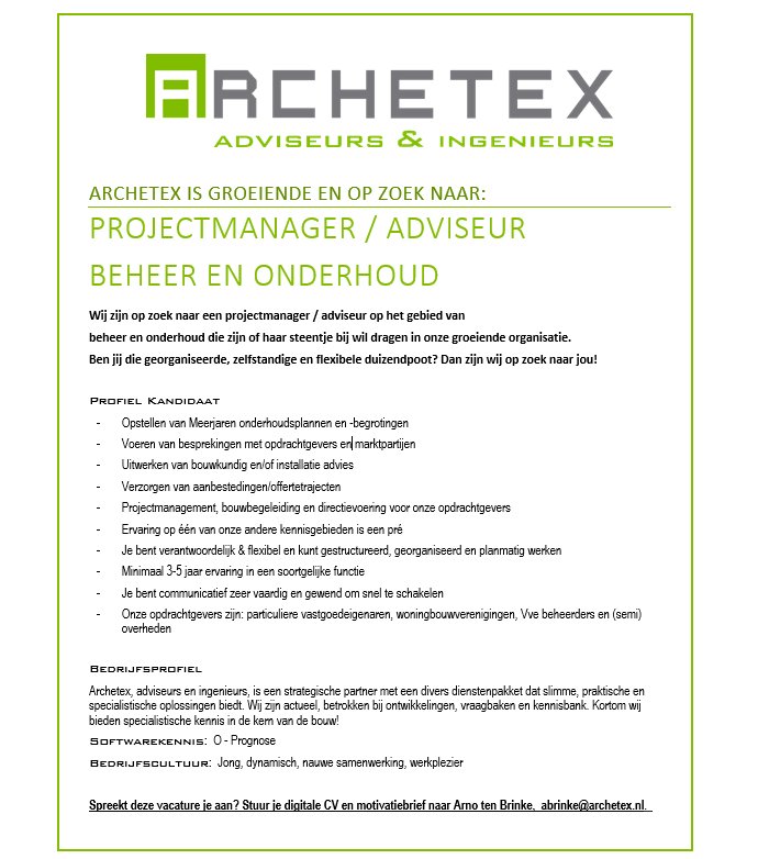 archetex's tweet photo. -- VACATURE --
Wij zijn op zoek naar een Projectmanager /adviseur op het gebied van Beheer en Onderhoud. #vacature #projectmanager #adviseur https://t.co/81QIDgLNyl