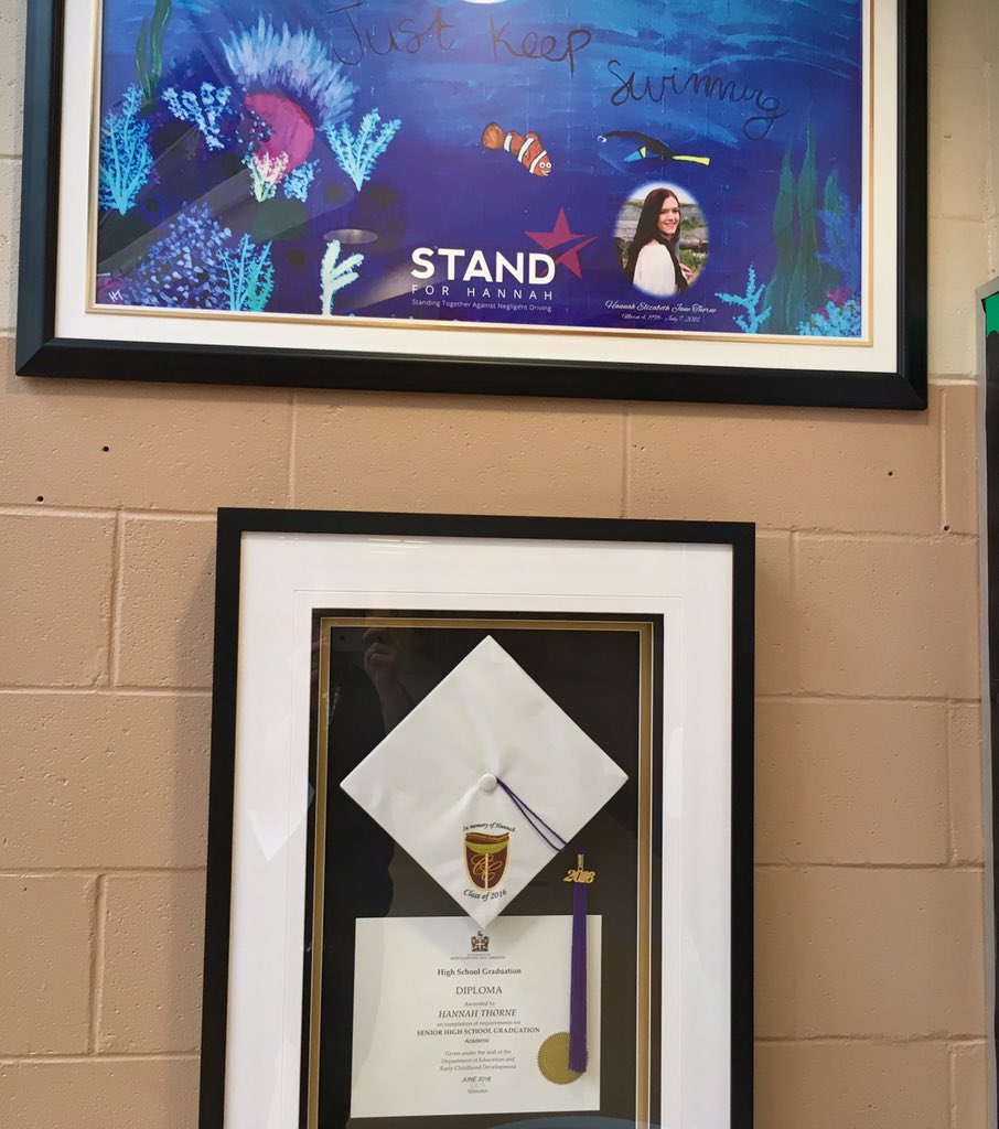 Jeremy_Eaton's tweet photo. Hannah's graduation cap and diploma hang under a painting she did to have a constant reminder of her #cbcnl https://t.co/NHHb6VZsfP