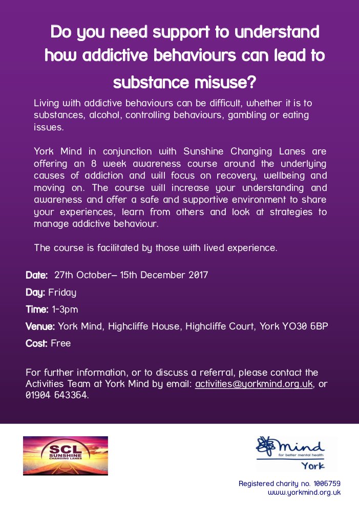 sunshineCLuk's tweet photo. Free substance misuse workshop begins in York @TheYorkMind 27th October #substancemisuse #additction #mentalhealthyork https://t.co/BBADXs4U6R
