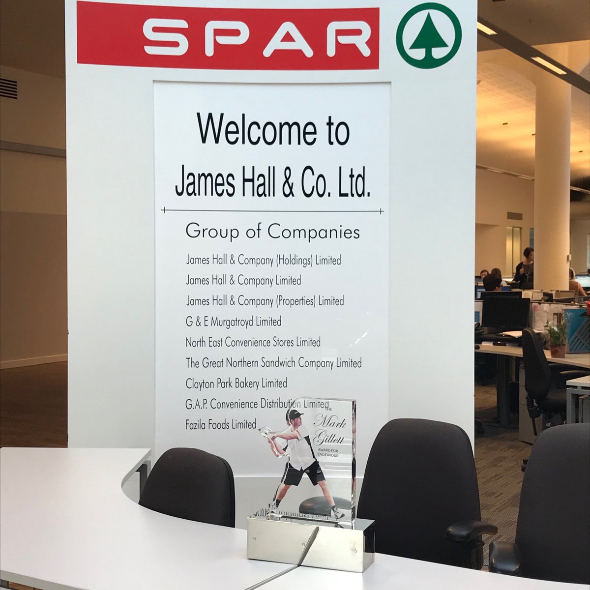 SPARNorthEng's tweet photo. The Mark Gillett Award in pride of place at the front of the offices! #SPARFar #SPAR60 https://t.co/BgHPr8mGAh