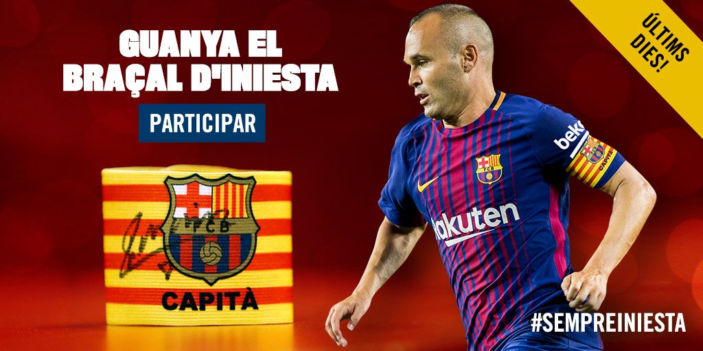FCBarcelona_cat's tweet photo. ⚠️ Últims dies! Emporta't signat el braçalet de capità d'@andresiniesta8
Participa ara! ⚽️👍 https://t.co/FqStMc8QCA #SempreIniesta https://t.co/zis3IiMGrv