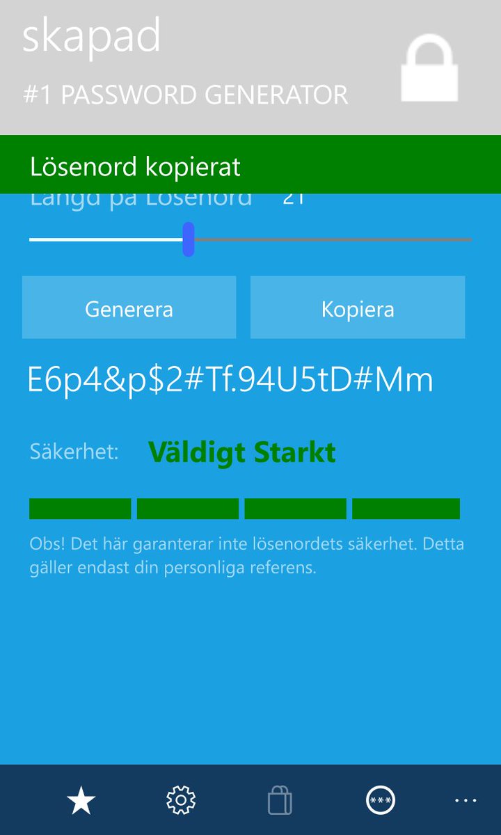 CompaNovaLLC's tweet photo. 1 #PasswordGenerator https://t.co/s28dB5LRmn - #simple #secure #windows10mobile app to gen strong #password s - in #Swedish! #UWP #Security https://t.co/0Bk7nwlPB3