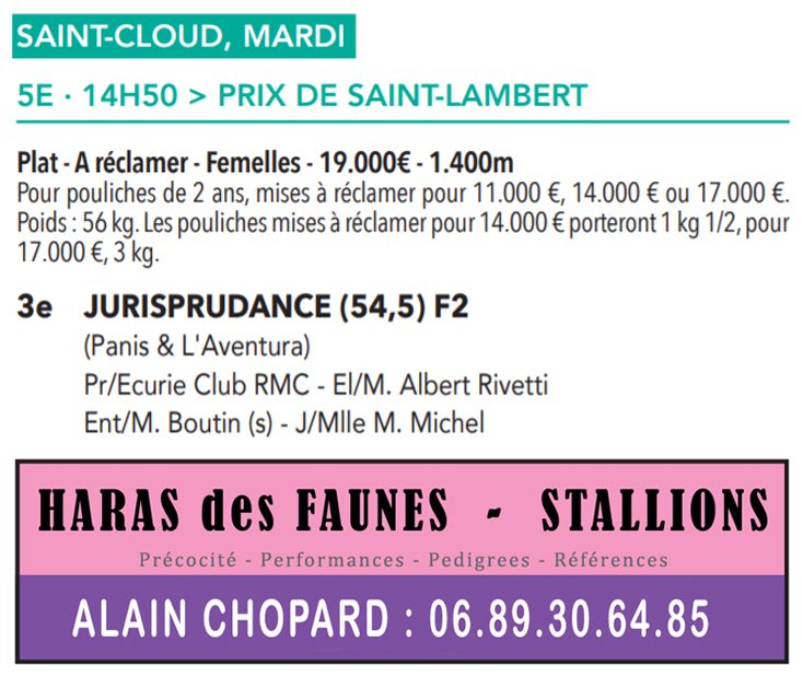 Congratulations #Jurisprudance 2yo, &team - 3rd Prix de St Lambert - Saint-Cloud 10.10 Sired/HDFstallion: haras.desfaunes.free.fr/frameetalon/