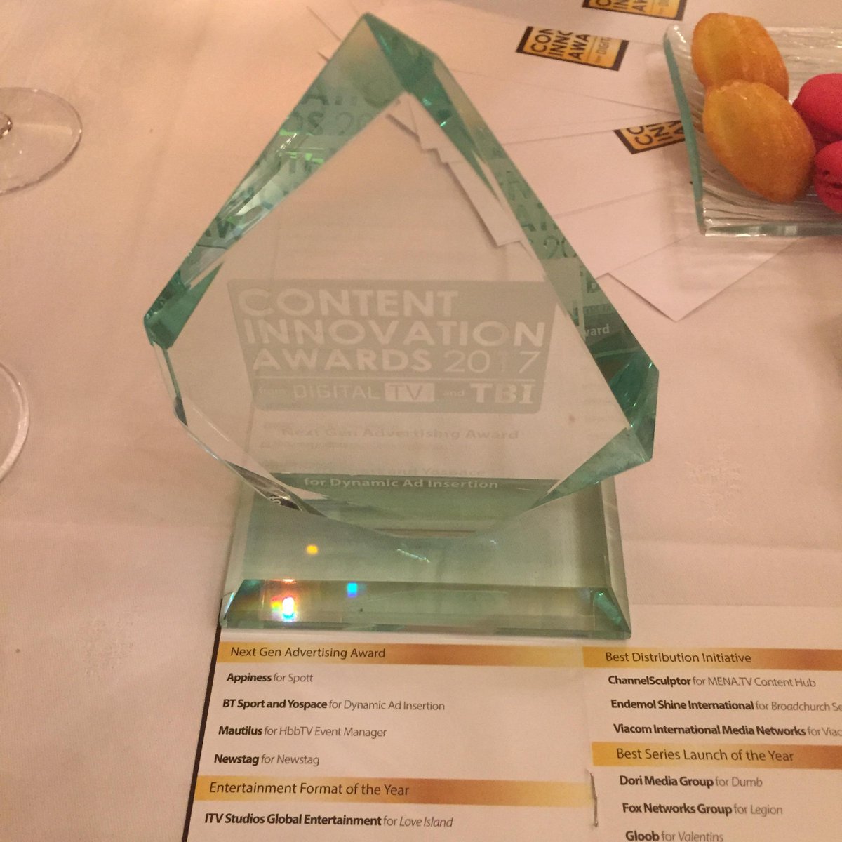 WhiteoaksPR's tweet image. A huge congratulations to our client @yospacedotcom for winning the #DynamicAdInsertion category at the @digitaltveurope #CIAwards2017