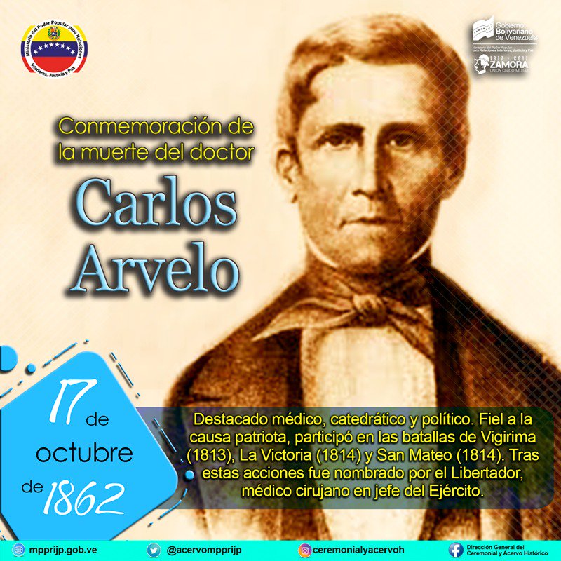 DPDZulia's tweet photo. #Efemérides | 17 de octubre de 1862: Conmemoración de la muerte del doctor Carlos Arvelo, destacado médico, catedrático y político. https://t.co/3XUq7ybTRD