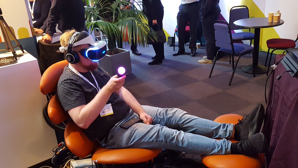 SETsquared_Br's tweet photo. Massive nerd alert! @BristolVRLab showcasing their first resident's infrasonic haptic feedback chair for gaming in! So cool #VFBB17 https://t.co/Ftg8nHBPSD