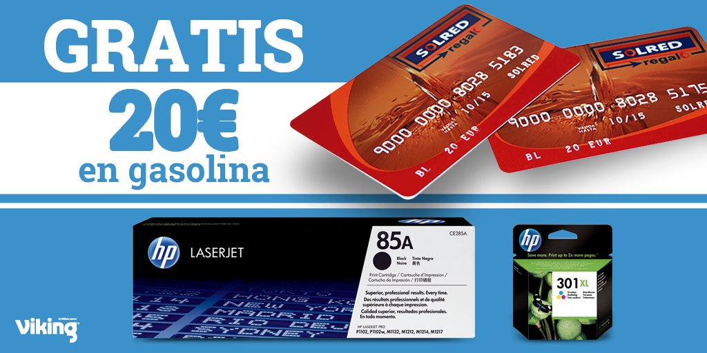 Viking_es's tweet photo. Hasta el 31 DE OCTUBRE, recibirás gratis 20€ en gasolina con la compra de cartuchos o tóneres HP #HpSoMeRace #Viking https://t.co/QyJNSYc47u https://t.co/UGXRRdSlD3