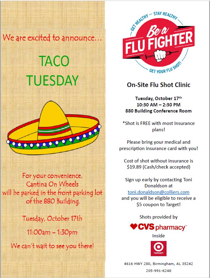 Colliers_AL's tweet photo. Taco Truck & Flu Shot Clinic Today at the #880Building! https://t.co/4qOmsLvtzx