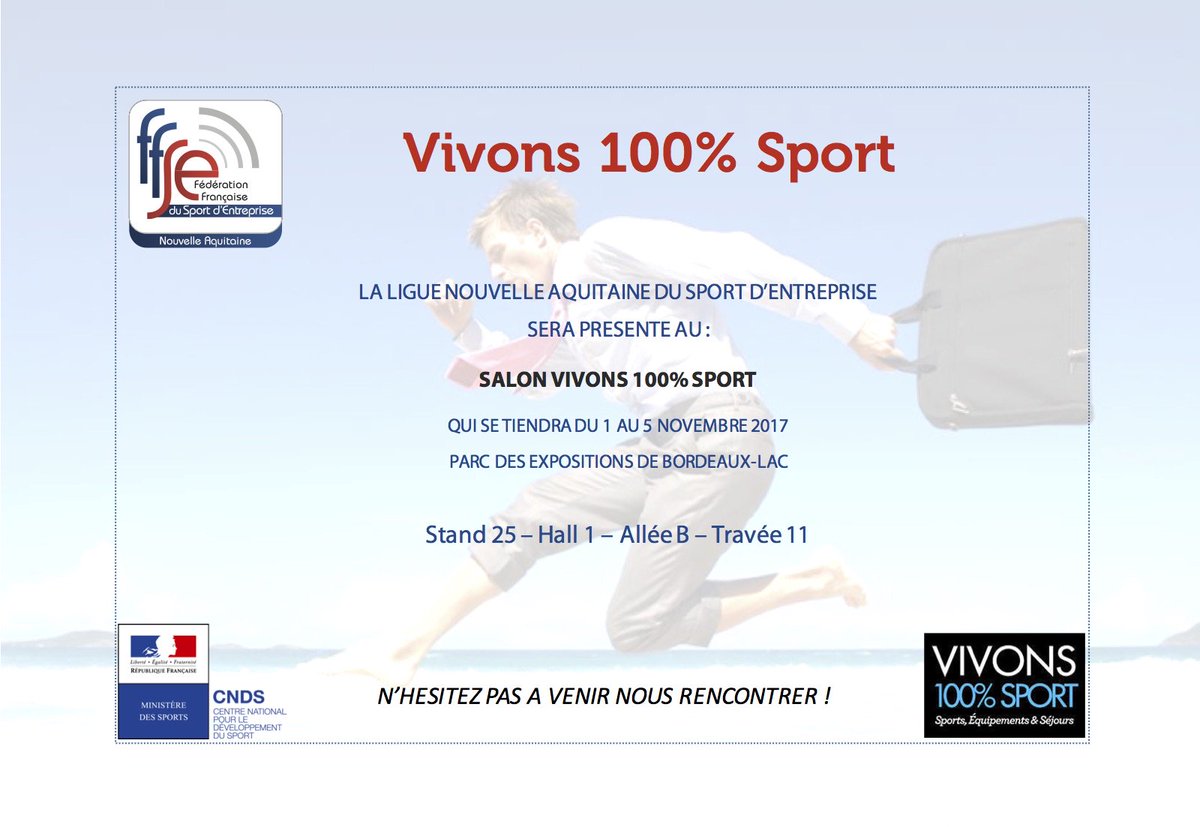 FFSEAquitaine's tweet photo. Notre ligue sera présente sur le salon Vivons 100% Sport de Bordeaux Lac du 1 au 5 novembre 2017.
On vous attend nombreux sur notre stand ! https://t.co/4tKDUAYStH