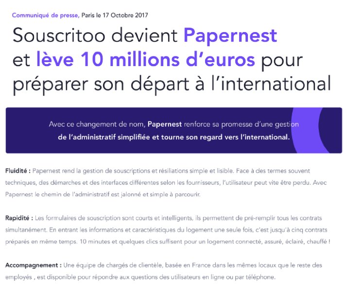 #RebrandingDay: Souscritoo devient <a href="/papernest_app/">papernest</a> et lève 10 millions d'€ pour partir à l'international #startup #Frenchtech #leveedefonds 🚀