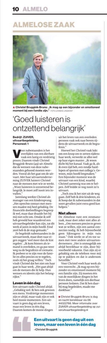 Mijn ZUIVERe kijk op uitvaartbegeleiding, vandaag in De Almelose Zaak van <a href="/tubantia/">Tubantia</a> <a href="/TCTAlmelo/">Tubantia Almelo</a>. #uitvaart
