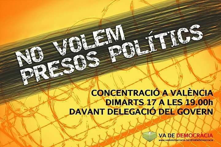 JoventPV's tweet photo. No volem presos polítics!

CONCENTRACIONS 19h
Alacant - Pl Muntanyeta, 6
Castelló - Pl Maria Agustina, 6
València - C/ Colom, 60 https://t.co/Ttboa1jH2Q