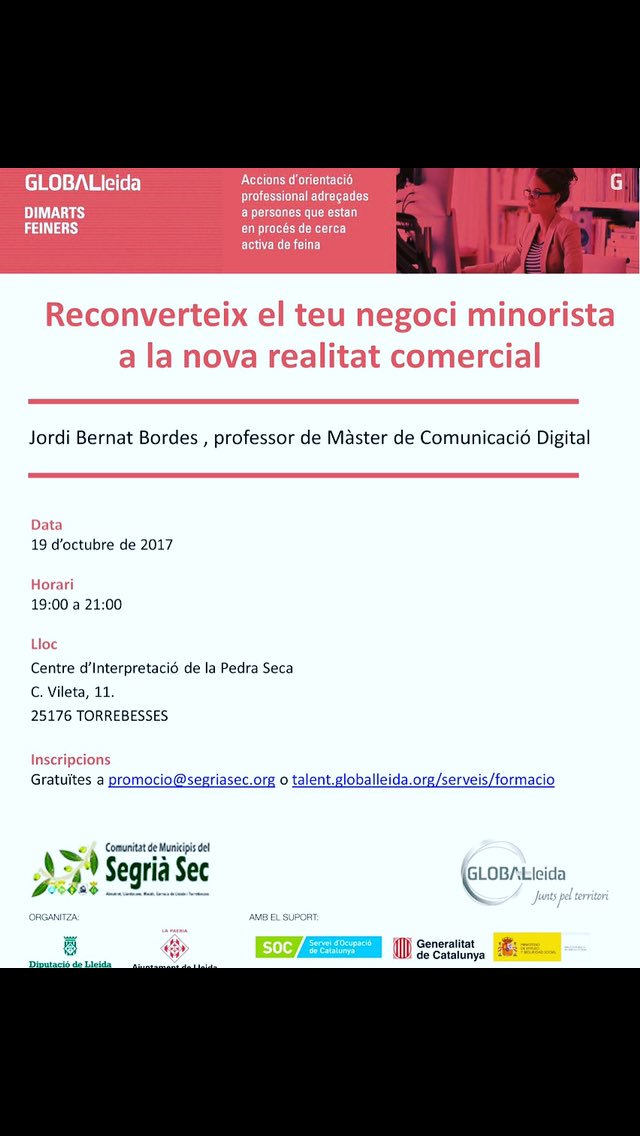 Segria_Sec's tweet photo. Aquest dijous a #Torrebesses realitzem l'última sessió dels #DimartsFeiners. Si tens un petit negoci segur que t'interessa. Us hi esperem https://t.co/UaCRu0p51r