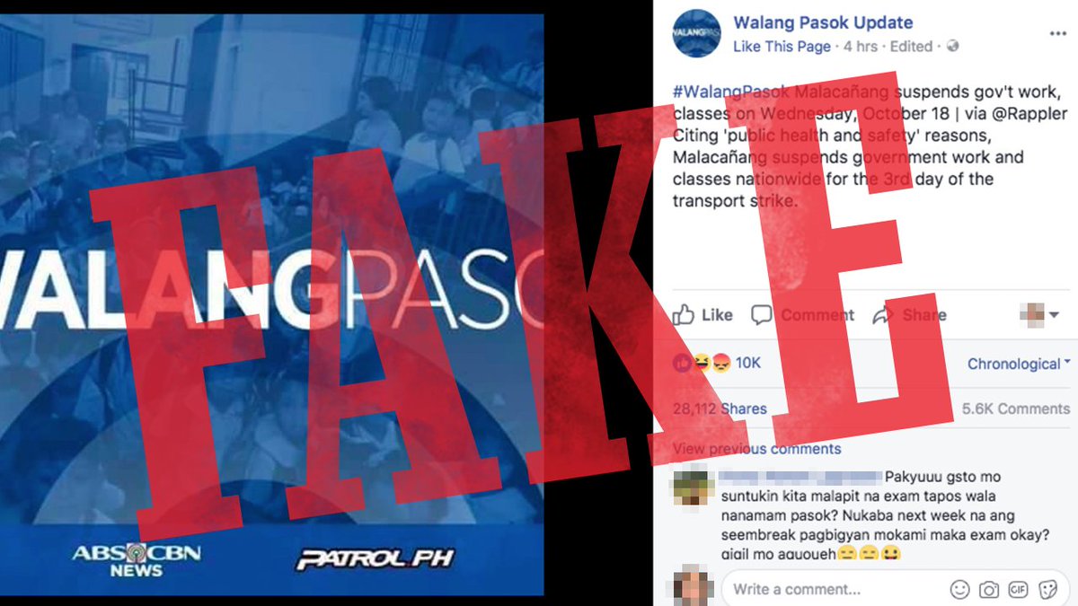rapplerdotcom's tweet photo. THIS IS FAKE. Rappler did not report that Malacañang is suspending gov't work &amp; classes on Wednesday, October 18. As of posting, #MayPasok. https://t.co/mScL8uGAZR