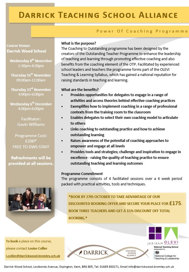 Darrick_TSA's tweet photo. Are you interested in #coaching? Join our Power of Coaching training which starts soon #teaching #leadership #CPD #Bromley #Kent #London https://t.co/WoVJvyn6iT