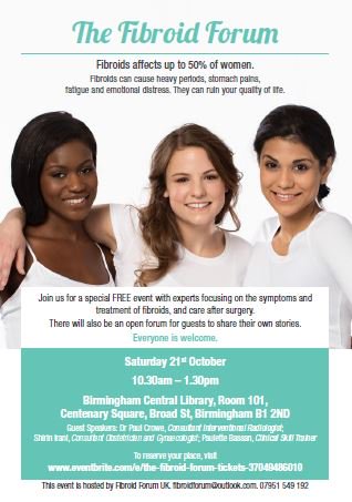 FibroidClinic's tweet photo. The Fibroid Forum - Event for patients and public at the new Birmingham Central Library on Saturday October 21st. Free registration. https://t.co/q3b7ie8uGG