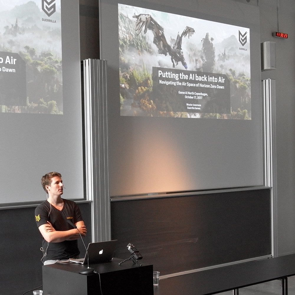 Across the hall, @wkjosemans is talking about navigating the air space of Horizon Zero Dawn. #gain17