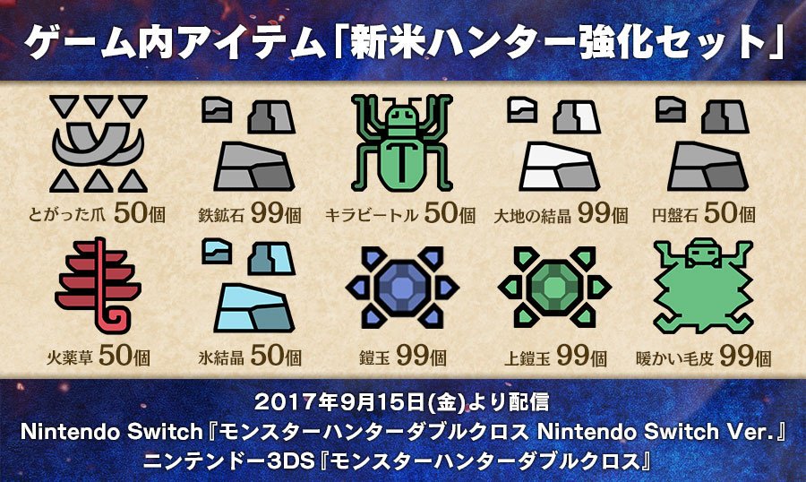 Mhxx Official モンスターハンターダブルクロス を初めてプレイするハンターに心強い ゲーム序盤に役立つアイテムパック 新米ハンター強化セット が配信中です こちらもぜひダウンロードしてくださいね Mhxxns Mhxx