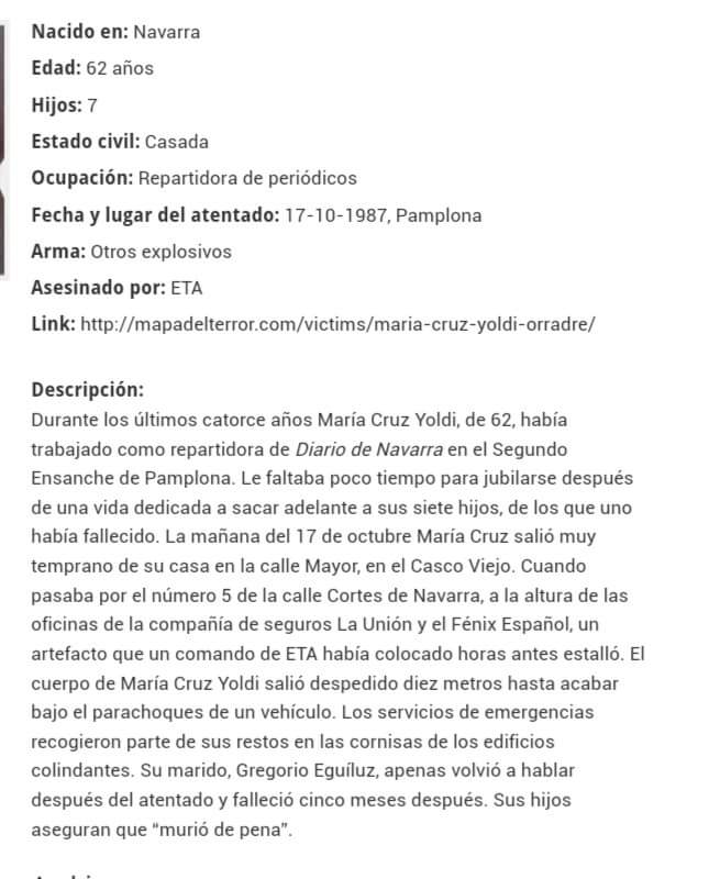 ConsuorF's tweet photo. #Taldiacomohoy #ETA asesinó en #Pamplona a la repartidora de periódicos M.Cruz Yoldi, tenía 6 hijos. Su asesino JC Pérez secretario de #HB. https://t.co/1g1PgOyDHD
