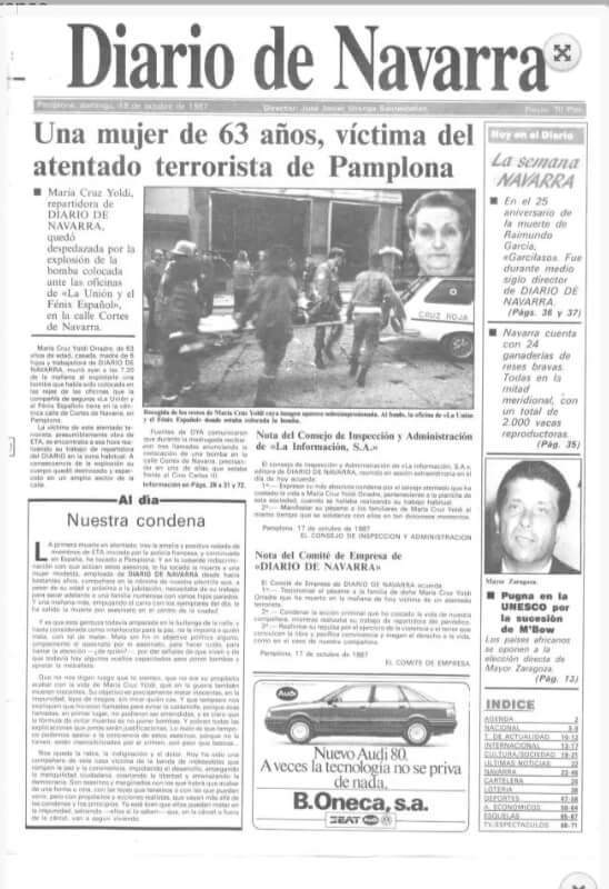 ConsuorF's tweet photo. #Taldiacomohoy #ETA asesinó en #Pamplona a la repartidora de periódicos M.Cruz Yoldi, tenía 6 hijos. Su asesino JC Pérez secretario de #HB. https://t.co/1g1PgOyDHD