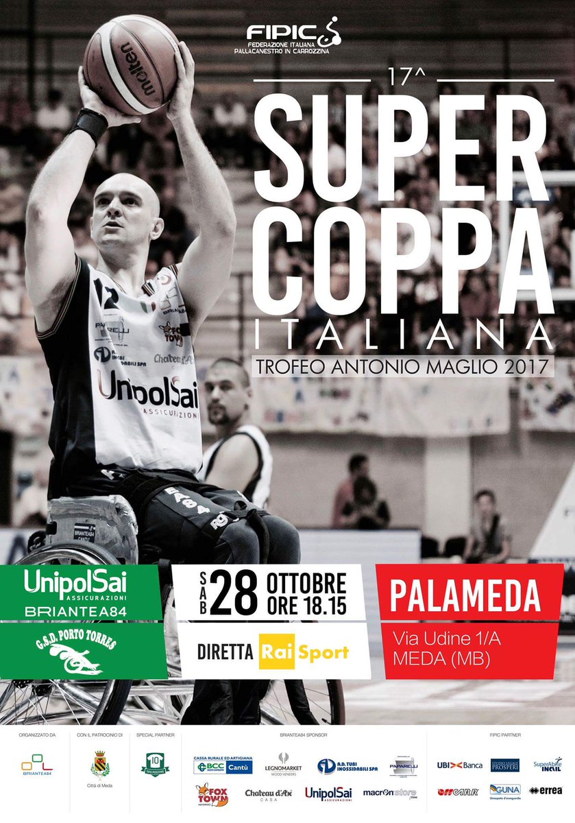 SUPERCOPPA ITALIANA
<a href="/Briantea84/">Briantea84</a>  - <a href="/GSDPortoTorres/">GSD Porto Torres</a> 
📆 Sabato 28, ⏰ ore 18.15 
📌 Palameda, Meda (MB)
#WBItalia🏀 #Basketincarrozzina