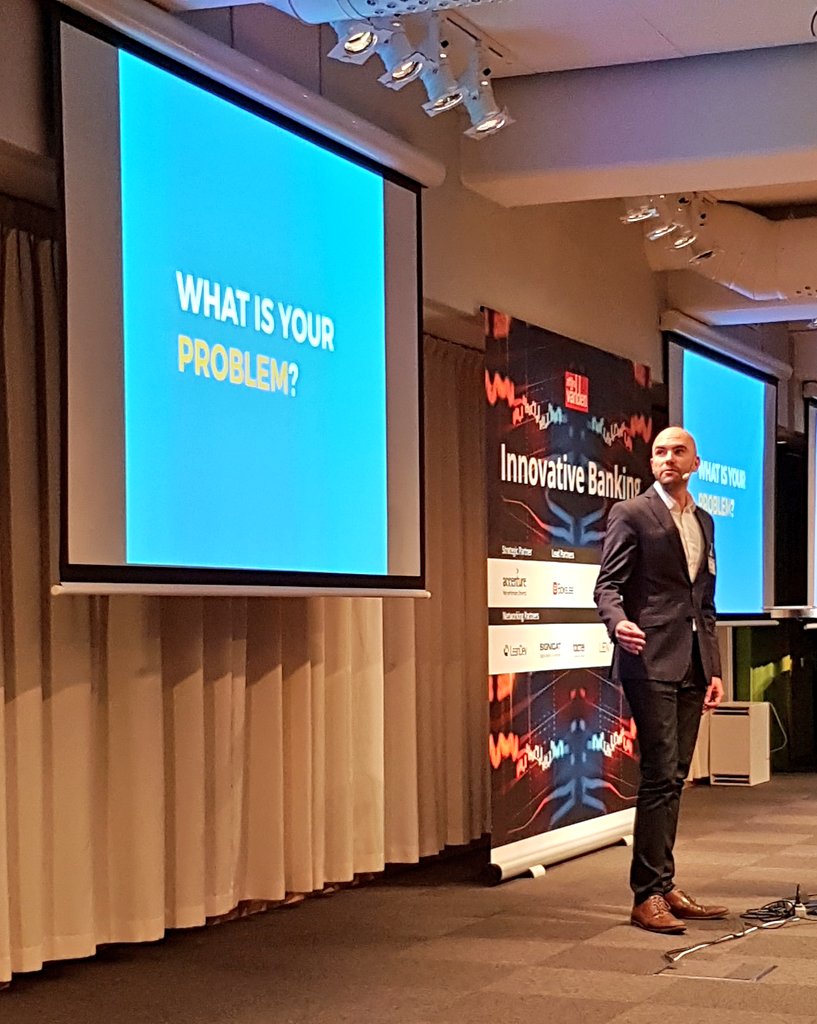 betalo's tweet photo. @kevinalbrecht talking about What is your problem? At the @AFV_magasin Innovative Banking conference. #swefintech #STHLMTech https://t.co/pUk3Jcr83I