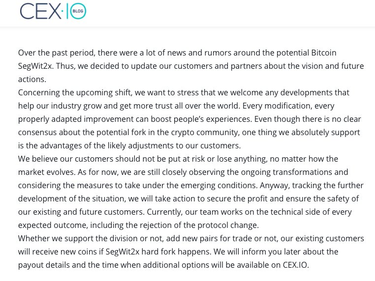 cex_io's tweet image. Update on #SegWit2x Fork and @CEX.IO.Our existing customers will receive new coins if the #Bitcoin hard fork happens blog.cex.io/news/cex-io_on…