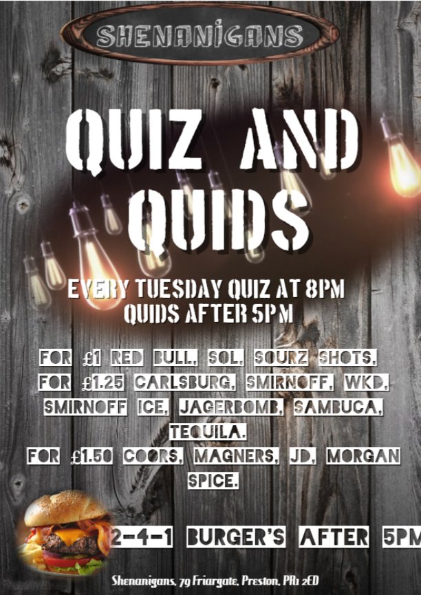 ShenanigansPRE's tweet photo. Come down to Shenanigans for the Quiz &amp; Quids nights.
With Quids starting @ 5pm and Quiz starting @ 8pm, whats not to love?
See you soon :) https://t.co/BxLQvYdO3n