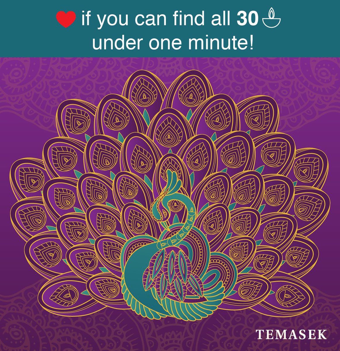 Temasek's tweet photo. Happy #Deepavali in advance, everyone! Challenge your friends to see who can spot all 30 lamps in the shortest time! https://t.co/hvXlJ92WPf