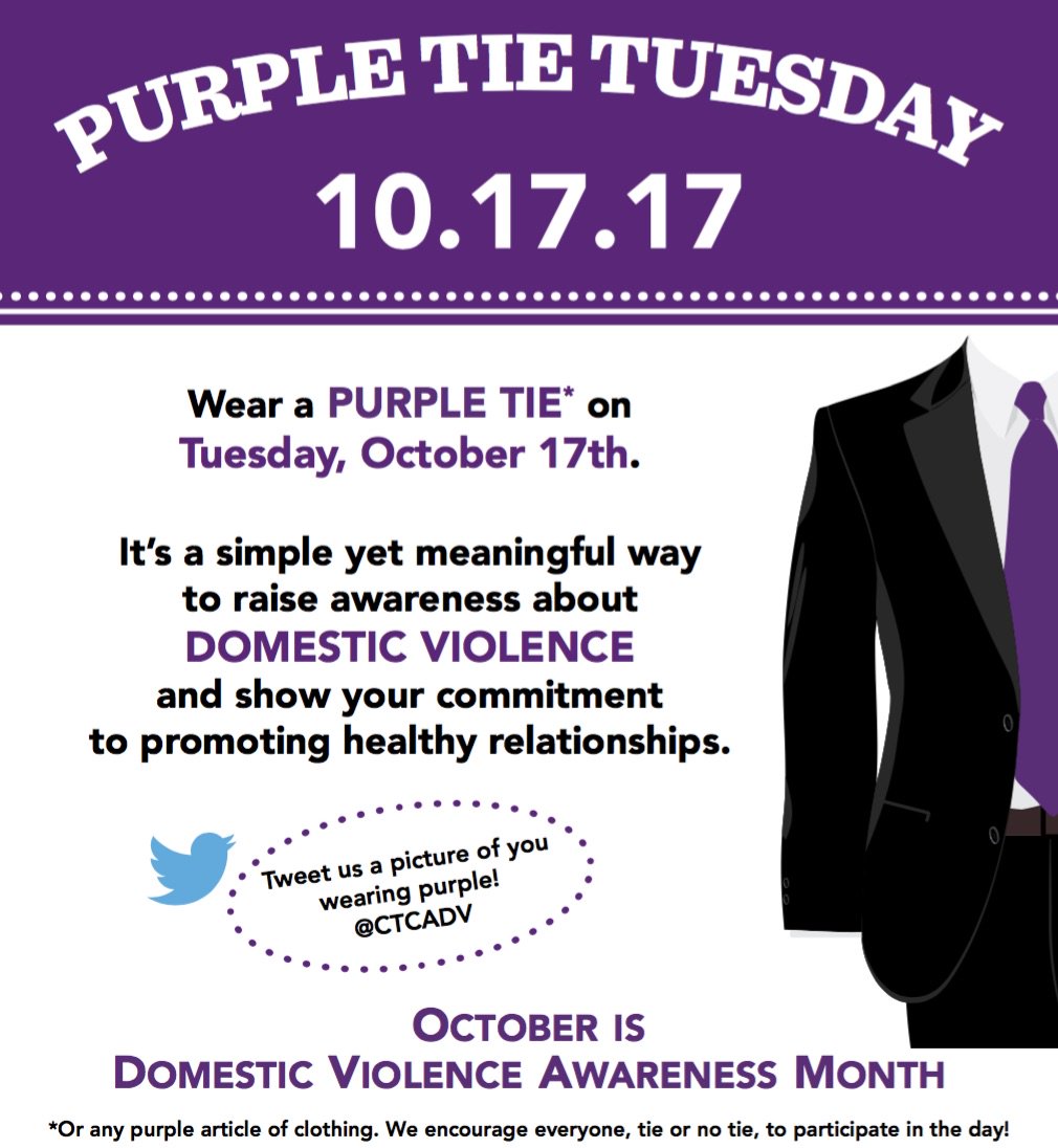 ShannonKlenk's tweet photo. Today is Purple Tie Tuesday. Wear purple &amp; post it to @ctcadv  for domestic violence awareness month &amp; loving, safe relationships! https://t.co/fyax9ixq4e