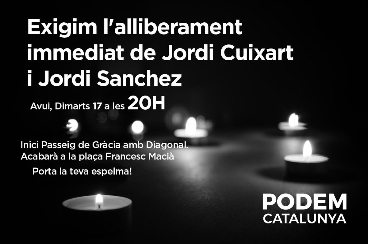 podem_cat's tweet photo. Aquesta tarda ens veiem a les 20⌚️ al Passeig de Gràcia. Defensem totes juntes la democràcia i l'alliberament dels presos polítics! https://t.co/XZn3hV7MyC