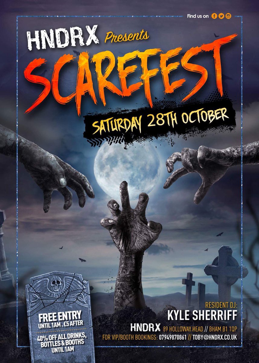 👻 🎃 SCAREFEST <a href="/HndrxBirmingham/">HNDRX BIRMINGHAM</a> 👻 🎃

FREE ENTRY
40% off drinks 
Fancy dress allowed 

Doors open at 11:00!