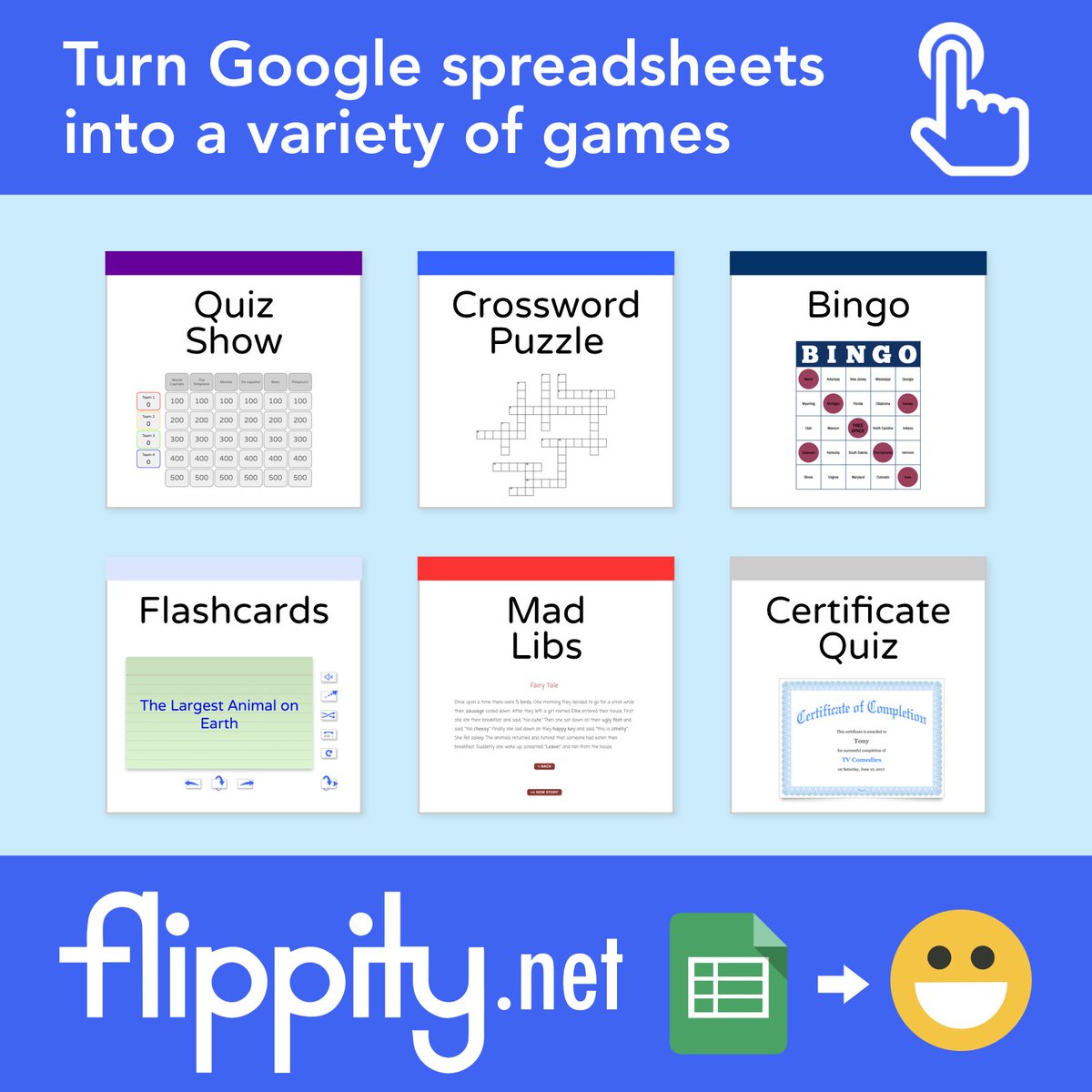 tonyvincent's tweet photo. 😄 Flippity has Google Sheets templates for making online games and other cool stuff!
#ITECia #GoogleEDU
https://t.co/U4QAqWLUXC https://t.co/mwmjg0xPFZ