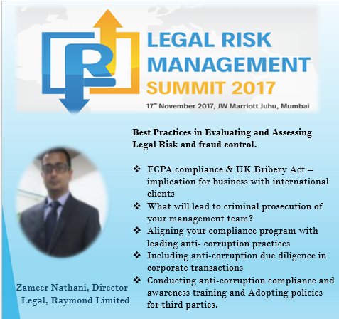 We are delighted to welcome our speaker @zameernathani for the #LegalRiskManagementSummit2017 scheduled on 17th Nov'17 at JW Marriott, Juhu, Mumbai #UBSTLRM #UBSTLRM2017 #legalrisk #legalcompliance #regulations #regulatorymanagement #CRO #ChiefRiskOfficers #Cybersecurity