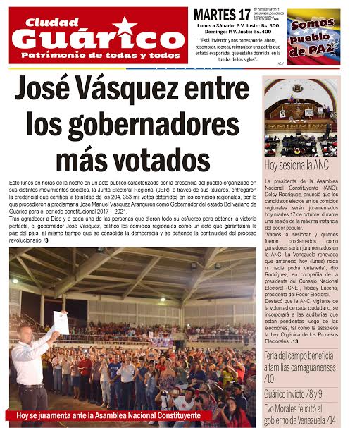 Gob_Guarico's tweet photo. ¡Hey! #Pregonero aquí tu portada @CiudadGRC #17Oct
* @josemvasquez entre los gobernadores más votados*
#ConJoséVásquezGanamosTodos https://t.co/xqgbGy5b1H
