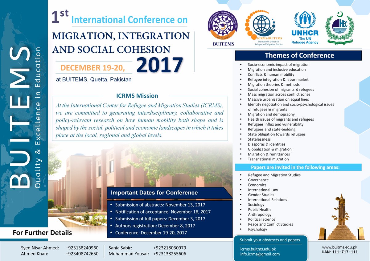 ICRMS_BUITEMS's tweet photo. #ICRMS proudly presents 1st Int. Conference on Migration, Integration & Social Cohesion.details here https://t.co/Zwqt5QhaUx #IMISC #UNHCR https://t.co/IC0s3INa9v