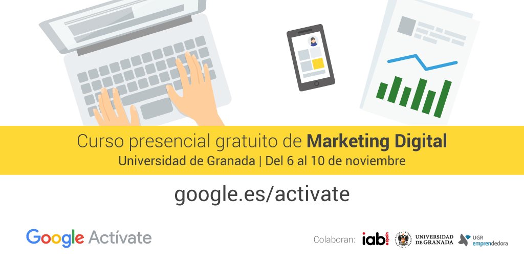 beurruti's tweet photo. Del 6 al 10 de noviembre en @CanalUGR se celebrará el curso de #MarketingDigital de @GoogleActivate ¿Te apuntas?😉👉https://t.co/jBu0lsBm8N https://t.co/zZXeiIGPiJ