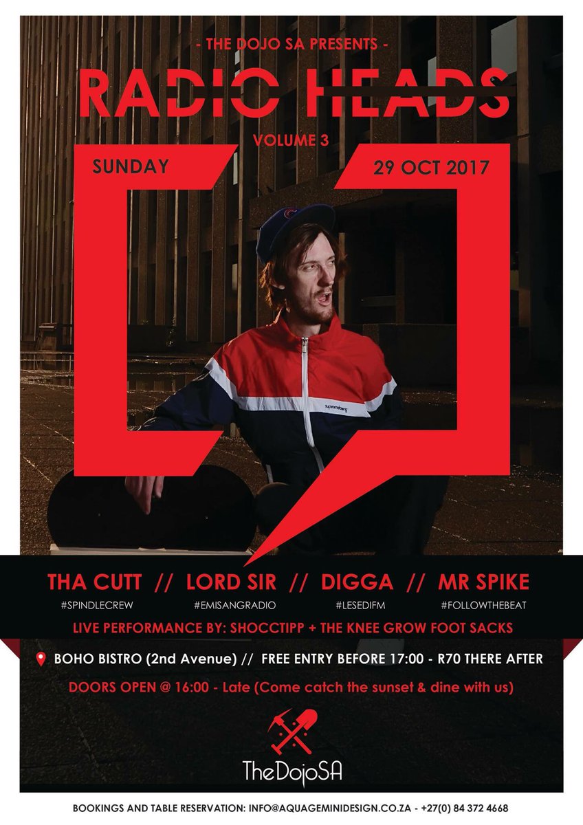 Thedojosa1's tweet photo. #TheDojoSA presents: #RadioHeads Volume 3 of 7 with #ThaCutt 29 Oct. #BohoBistro #Music #Art #People #Food Come hang with the Gods 🦍 https://t.co/0Be5zUPAAy