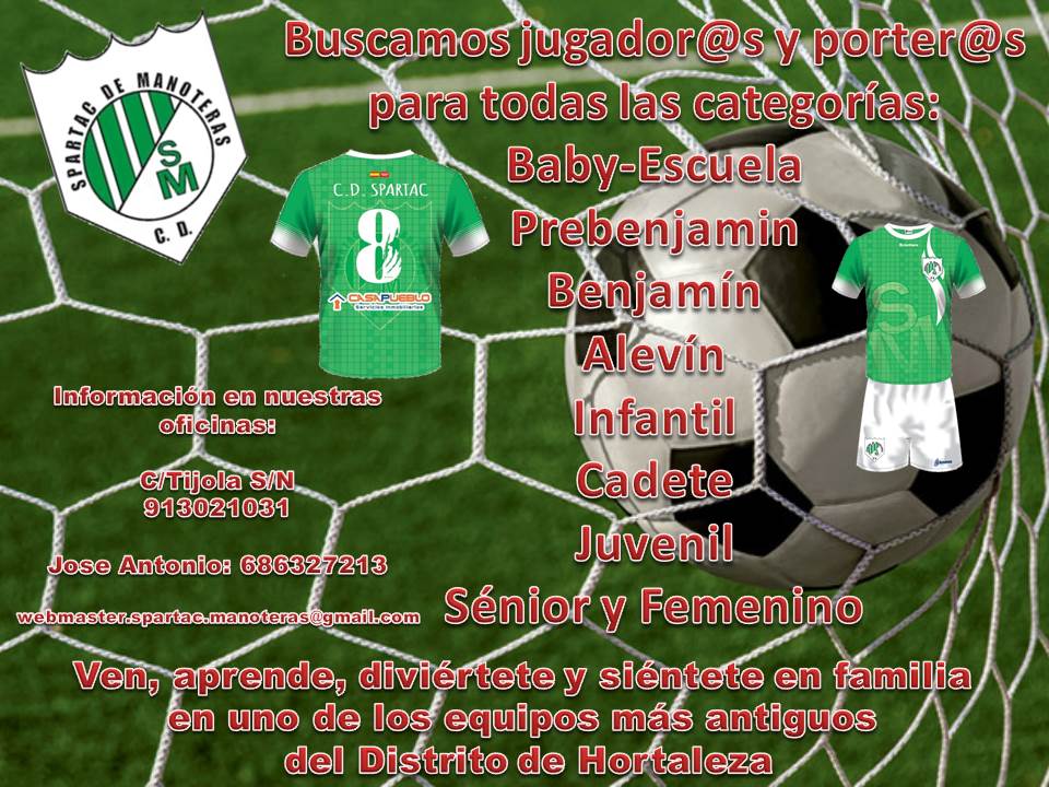 CDSpartacM's tweet photo. El C.D. Spartac de Manoteras busca jugador@s y porter@s x todas sus categorías desde Baby Escuela hasta Senior y Femenino. ¡ OS ESPERAMOS ! https://t.co/yWsnNM10vP