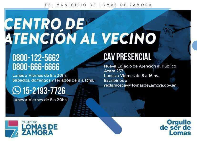 MunicipioLdeZ's tweet photo. 👉Nuestro Centro de Atención al Vecino:

📞0800-122-5662/0800-666-6666 
📲15-2193-7726 
📧reclamoscav@lomasdezamora.gov.ar
🏃Azara 237 https://t.co/clZaxnN1Gp