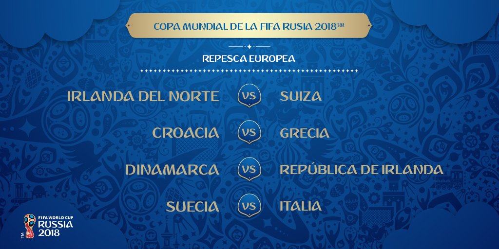 MagazineGolWeb's tweet photo. #Premundial2018 Así quedó el repechaje europeo 

Irlanda del Norte-Suiza
Dinamarca-República de Irlanda
Suecia-Italia
Croacia-Grecia

Ida: 9 al 11 de noviembre
Vuelta: 12 al 14 de noviembre https://t.co/2U4hTYafrY